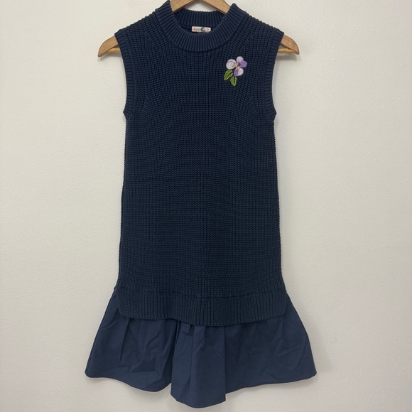 Crewcuts Navy Blue Knit Dress with Purple Flower Patch size 10 & 14 - Picture 2 of 8